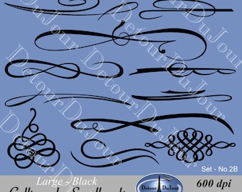 11 Swirl Clip Art Flourishes Calligraphy Ornamental Accents Filigree Scrollwork Card Making Embellishments LARGE Black 600dpi Commercial Use