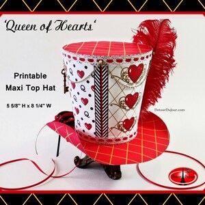 Alice in Wonderland Queen of Hearts Mad Hatter Hat, LARGER Queen of Hearts Maxi Top Hat for Centerpiece, Tea Party Printable image 3