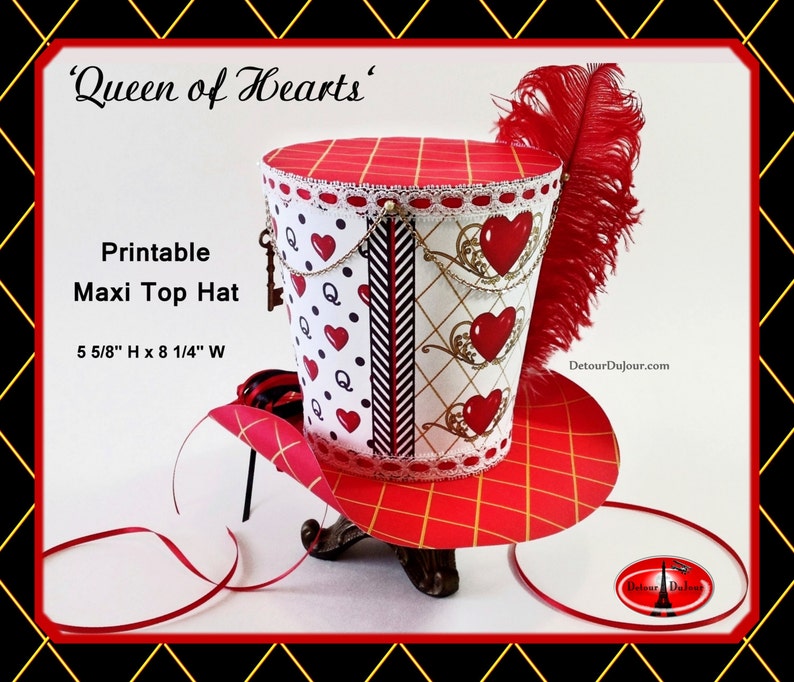 Alice in Wonderland Queen of Hearts Mad Hatter Hat, LARGER Queen of Hearts Maxi Top Hat for Centerpiece, Tea Party Printable image 3