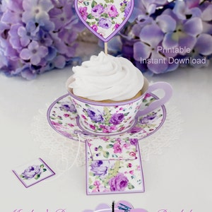 Purple Roses 3D Paper Tea Cup Cupcake Wraps, Bridal Shower Tea Party Teacups, Birthday Party Paper Tea Cup Cupcake Holders PRINTABLE, SC1