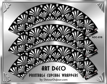 Printable Black and Silver Art Deco Cupcake Wrappers, Black Art Deco Cupcake Holders, Art Deco ADC 018
