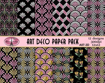 Art Deco Digital Paper Pack, 12 Digital Art Deco Backgrounds, Metallic Art Deco Paper Pack (A07-3D) Pink Black Art Deco Paper Commercial Use