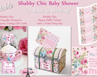 Shabby Chic Baby Shower A Baby is Brewing Baby Shower Tea Cup Cupcake Wrappers, Diaper Raffle Tickets & Entry Drop Box SC1-B