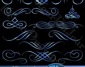 15 Swirls Accents Christmas Card Calligraphy Clipart Flourishes Clip Art, Scrolls, Filigree Accents, Metallic Blue Commercial Use