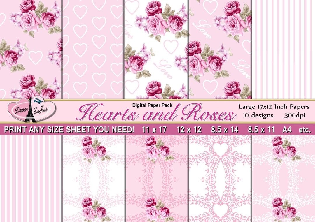 Romantic Paper Pack, Pink Roses Digital Paper Pack 17" X 12" Files ...