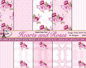 Floral Rose Paper Pack, Valentine Roses Lace and Hearts Digital Paper Pack, Printable 17 x 12", Scrapbook Paper 12 x 12,  11 x 17 Paper, RLH