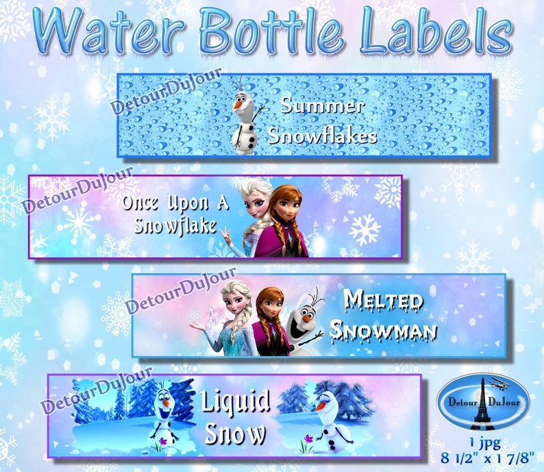 Frozen Water Bottle Labels, Set of 4 Frozen Water Bottle Labels, Olaf Water Bottle Labels, Printable Frozen Birthday Party image 1