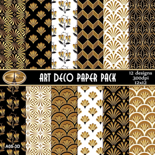 Art Deco Paper, 12 x 12 Art Deco Paper Pack, Art Deco Digital Paper Pack, Black and Gold Art Deco Backgrounds (A05-3D), Commercial Use