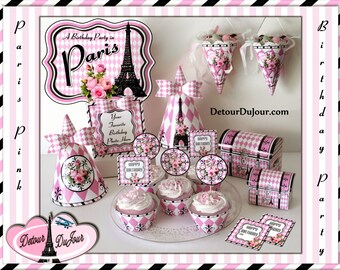 Printable Paris Party, Digital Paris Party Printable Birthday Pack, Pink and Black Paris Party Decorations, Paris Party Kit Printable Party