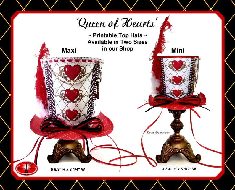 Alice in Wonderland Queen of Hearts Mad Hatter Hat, LARGER Queen of Hearts Maxi Top Hat for Centerpiece, Tea Party Printable image 4