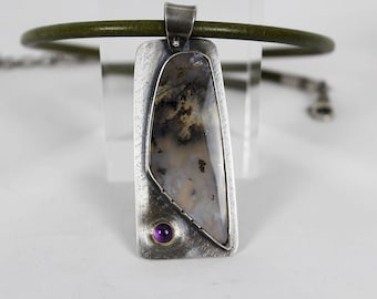 Plume Agate and Amethyst Silver Pendant