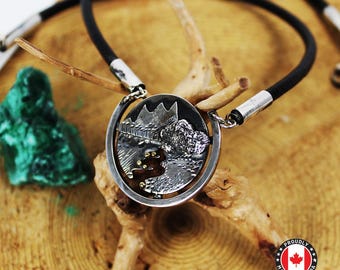 Gold Rush Silver and Gold round pendant on black leather cord