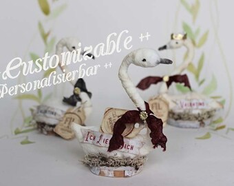 Personalisierbare Nostalgische Wattefigur Schwan mit Banner Caketopper