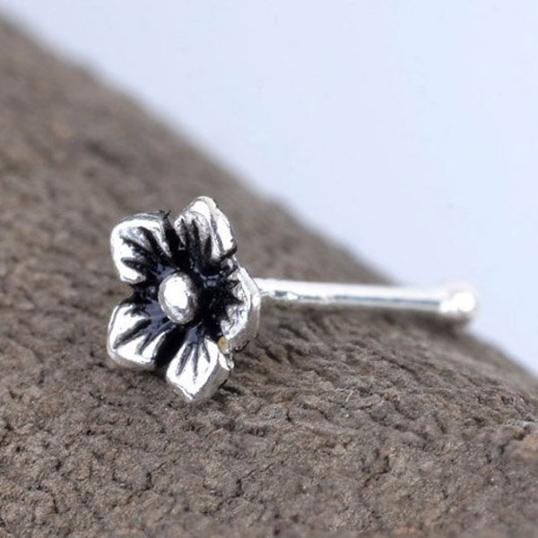 Sterling Silver nose ring, Tiny flower nose Stud, silver nose stud ball end (N-01)
