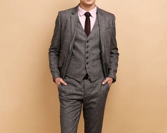 Mens 3 piece suit in grey purple tweed