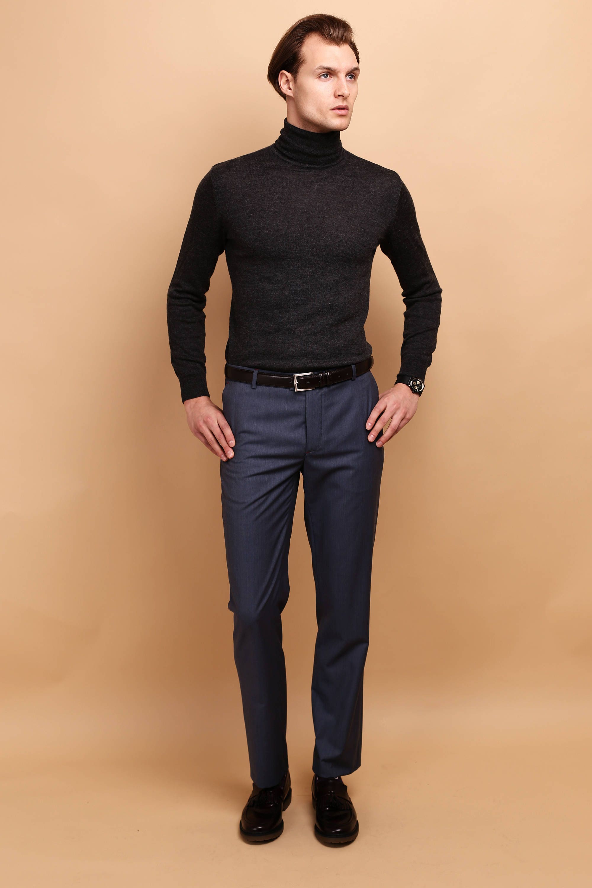 Mens Flat Front Slim PANTS Tropical Wool | Light Blue Mens