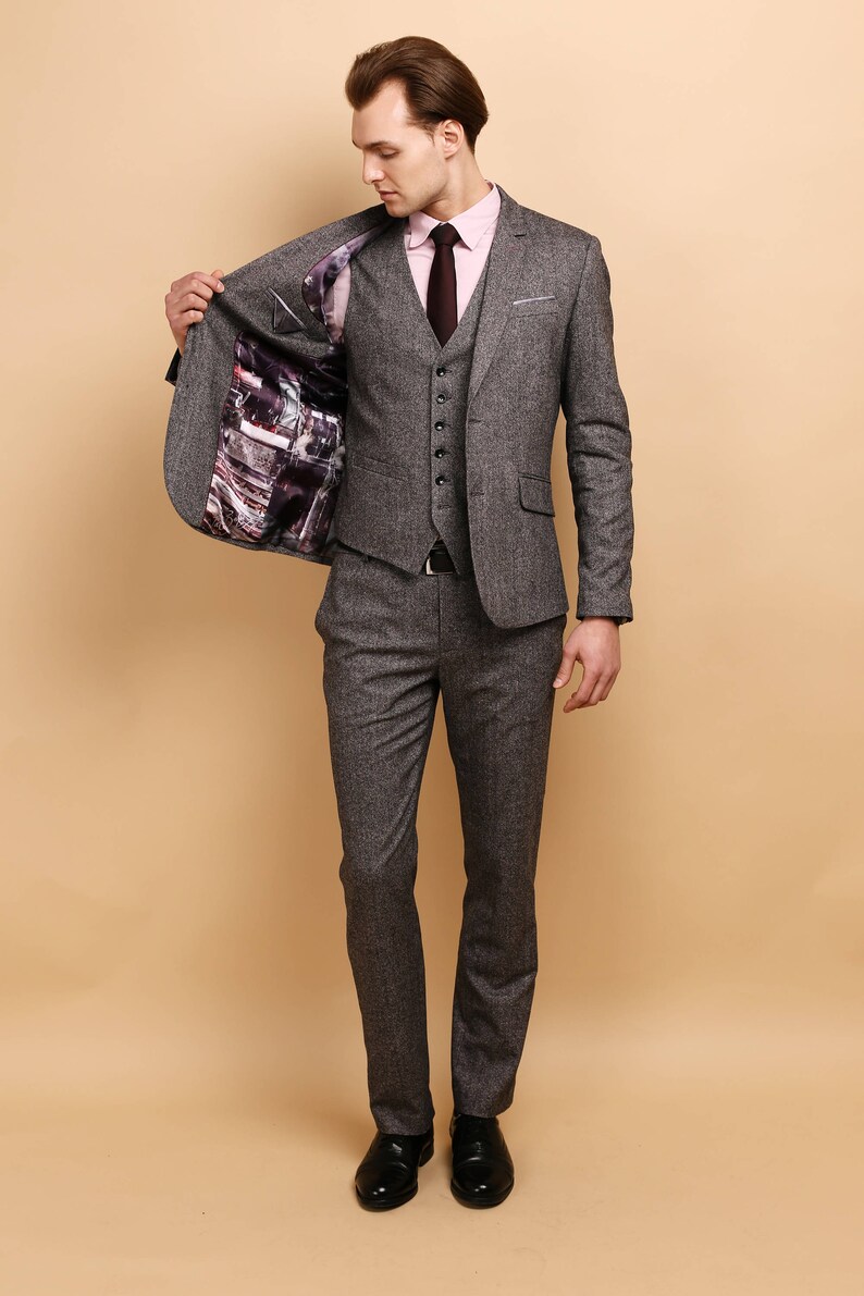 Mens tweed 3 piece SUIT wool vested suit mens grey tweed suit mens purple tweed tailored suit image 2