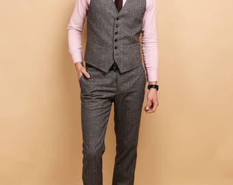 Men's 2 piece waistcoat and pants set in grey purple tweed