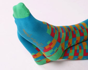 Men's colorful dress socks in teal | squares design