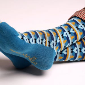 Mens colorful dress socks in blue aztec print groomsmen sock man sock groomsmen gift funny sock happy sock crazy sock image 1