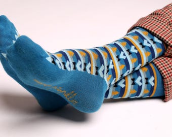 Mens colorful dress socks in blue aztec print | groomsmen sock | man sock | groomsmen gift | funny sock | happy sock | crazy sock |