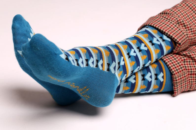 Mens colorful dress socks in blue aztec print groomsmen sock man sock groomsmen gift funny sock happy sock crazy sock image 1