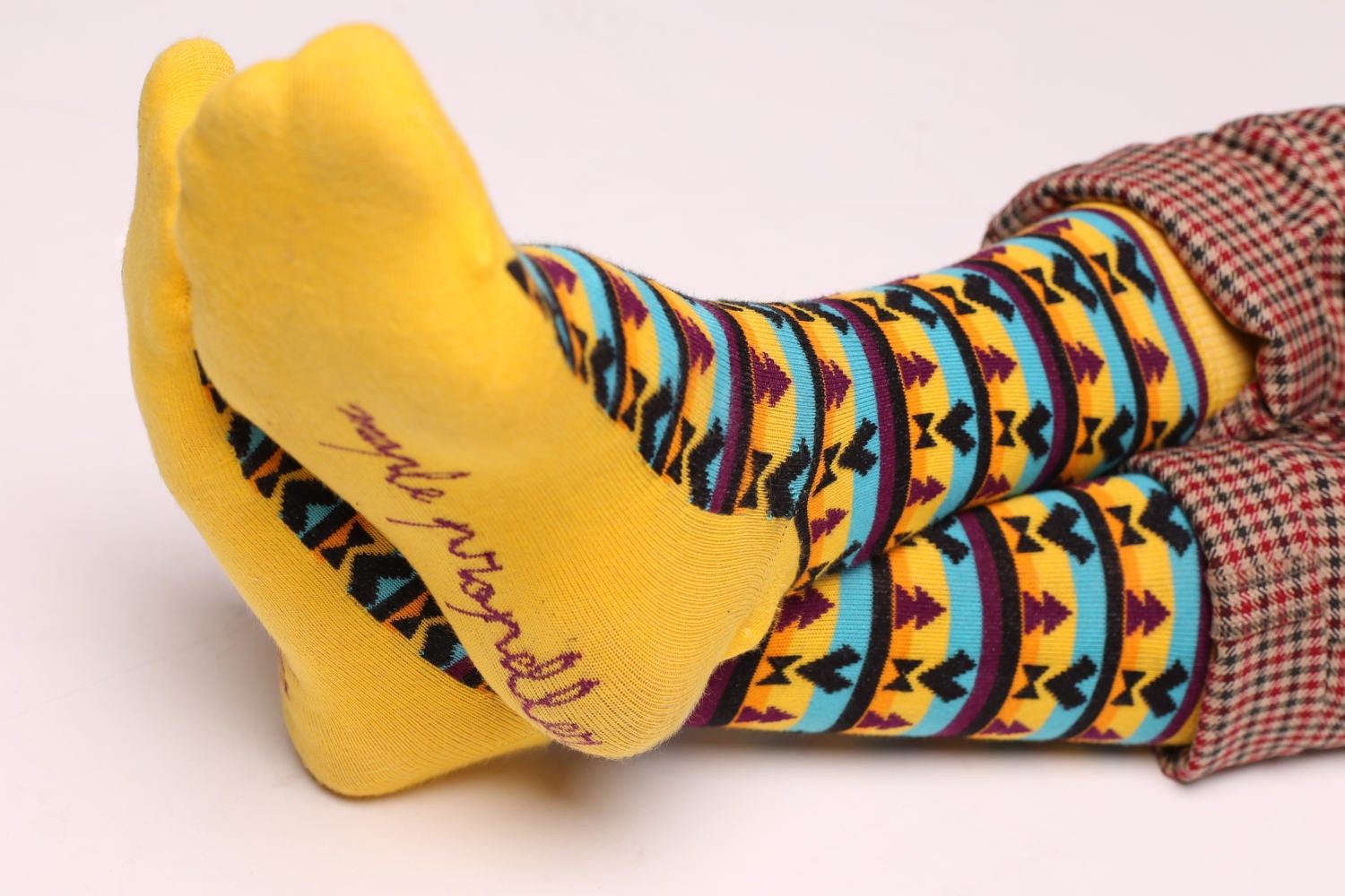 Men's colorful dress socks in yellow Aztec design