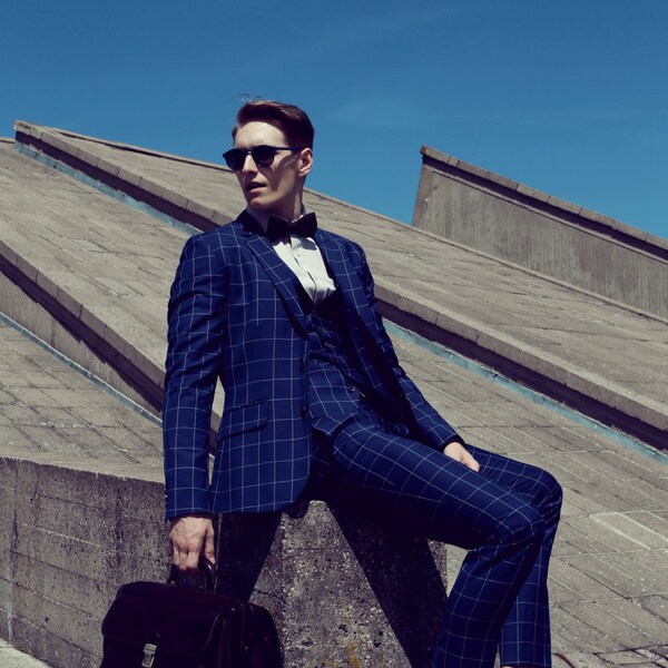 3 Stück Herren vorbehalten Wolle blau Fensterscheibe karierten Anzug | Herren Wolle Sommer Anzug Weste | Überprüfen Sie, Herren Anzug Weste | karierte Herren Anzug Hose