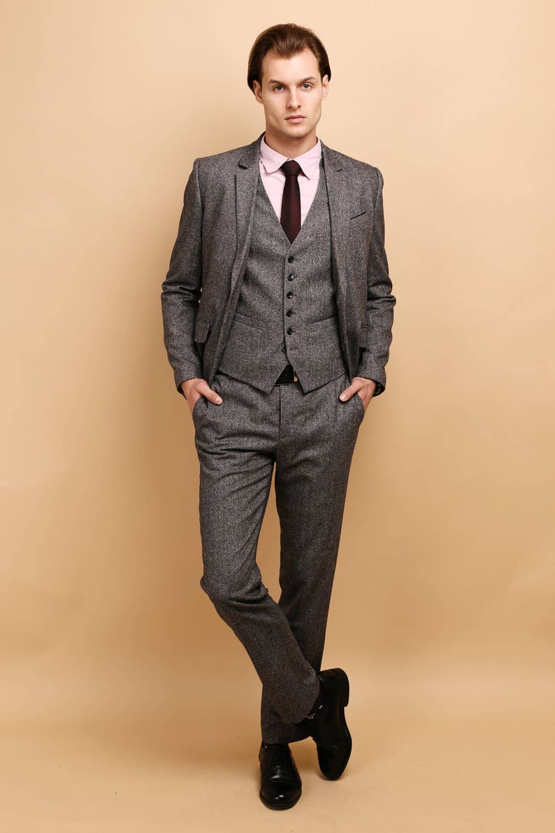 Mens tweed 3 piece SUIT wool vested suit mens grey tweed suit mens purple tweed tailored suit image 1