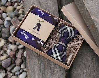 Mens gift dress socks and matching bow tie | deep purple & dark chocolate hues