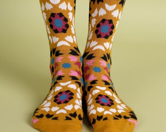 Men's colorful dress socks in mustard | Mediterranean tiles design