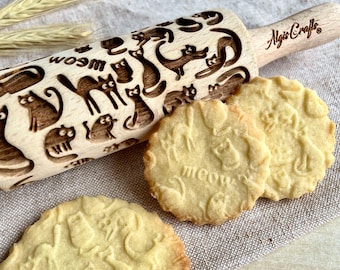 Meow CATS Mini Rolling Pin. Embossing Rolling Pin Gift for Cat Lover. Kid Baking Dough Roller for Cookies an Clay from Algis Crafts