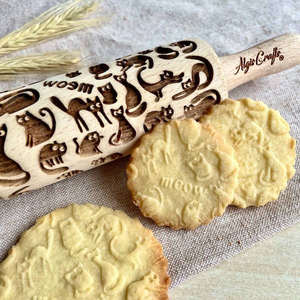 Meow CATS Mini Rolling Pin. Embossing Rolling Pin Gift for Cat Lover. Kid Baking Dough Roller for Cookies an Clay from Algis Crafts