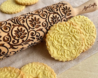FLOWERING VINE Embossing Rolling Pin. Laser Cut Dough Roller for Embossed Cookies with Climbing Flowers Pattern by Algis Crafts