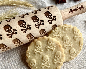 Skulls and Bones mini Embossed Rolling Pin.  Embossing rolling pin.  Baking Rolling Pin. Pretend Kitchen Play