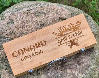 Personalized Barbecue Set with 5 Grilling Accessories- Custom Engraved BBQ King Utensils in Natural Bamboo Case Gift for Him by Algis Crafts