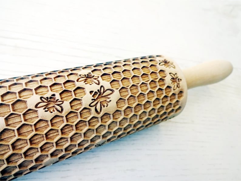 HONEYCOMB Embossing Rolling Pin. Laser Cut Dough Roller for Embossed Cookies with Honey Bee Pattern by AlgisCrafts image 2