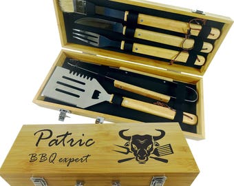 Custom engraved/ personalized grilling set with 5 useful BBQ grilling tools in natural bamboo case