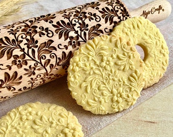 FLOWERS WREATH Rolling pin with flower pattern. Embossing dough roller for embossed cookies by AlgiCraft