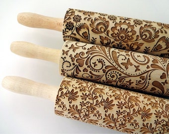 3 ANY pattern Rolling Pin SET.  Lazer engraved embossing rolling pins for homemade cookies. for Pottery. Gift for mother, grandmother