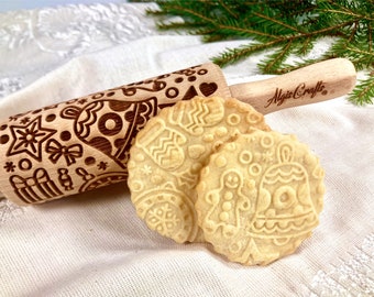 CHRISTMAS FUN Embossed Rolling Pin mini. Embossing rolling pin. Kid Baking Rolling Pin. Pretend Kitchen Play