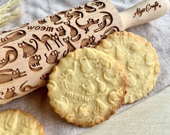 MEOW CATS Embossing Rolling Pin. Laser Cut Dough Roller for Embossed Cookies with Cats Pattern by AlgisCrafts