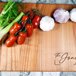 Custom Cutting with Family name. Laser Engraved Handmade Wooden Chopping Board. Birthday, Wedding , Anniversary Gift by Algis Crafts