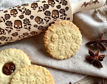 SKULLS and ROSES Embossing Rolling pin.Wooden engraved rolling pin. Halloween cookies. Pattern by Algis Crafts.