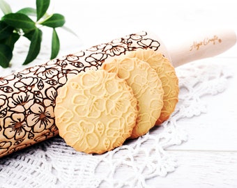 SAKURA Embossing Rolling Pin. Laser Cut Dough Roller for Embossed Cookies with Japanese Cherry Blossom Pattern by Algis Crafts