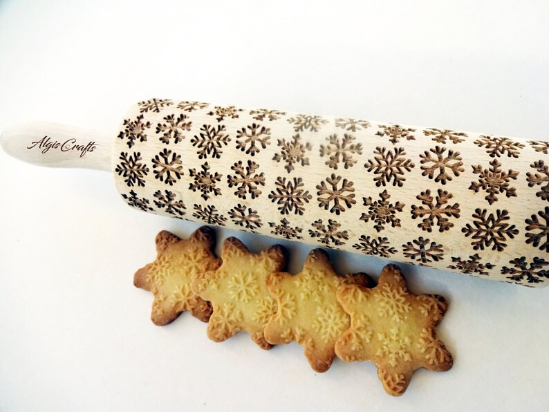 Rolling pin with snowflake pattern. Embossing rolling pin for Christmas gingerbread with SNOWFLAKES. Laser engraved image 5