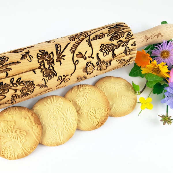 MEADOW Embossing Dough Roller. Laser Cut Rolling Pin for Embossed Cookies with Wild Flowers by Algis Crafts