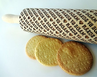 Personalized Rolling Pin - made by......  Lazer engraved rolling pin for homemade embossed cookies. Diagonally engraved text "made by"