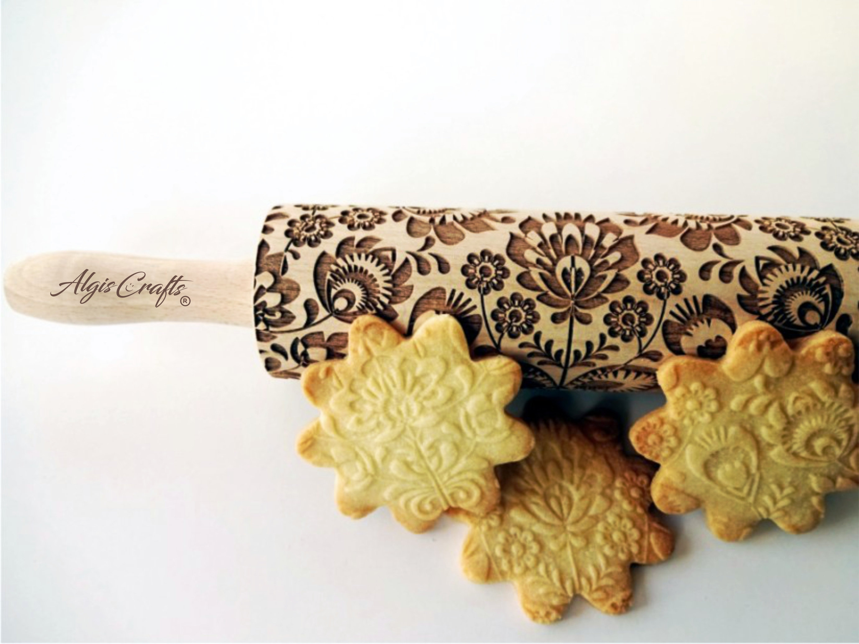 FOLK Embossing Rolling pin. Engraved Rolling Pin for Embossed Cookies. Flower. National Motive. Folksy by Algis Crafts