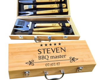 Personalized Barbecue Set with 5 Grilling Accessories Custom Engraved BBQ Master Utensils in Wooden Bamboo Case Gift for Him by Algis Crafts